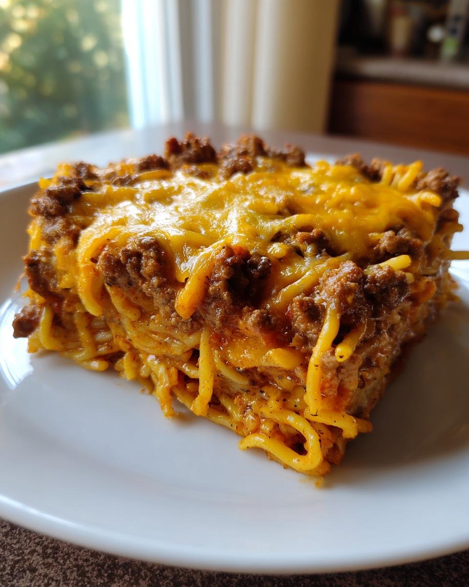 Ein gro&szlig;es St&uuml;ck Taco Spaghetti mit Hackfleisch und geschmolzenem Cheddar-K&auml;se auf einem wei&szlig;en Teller.