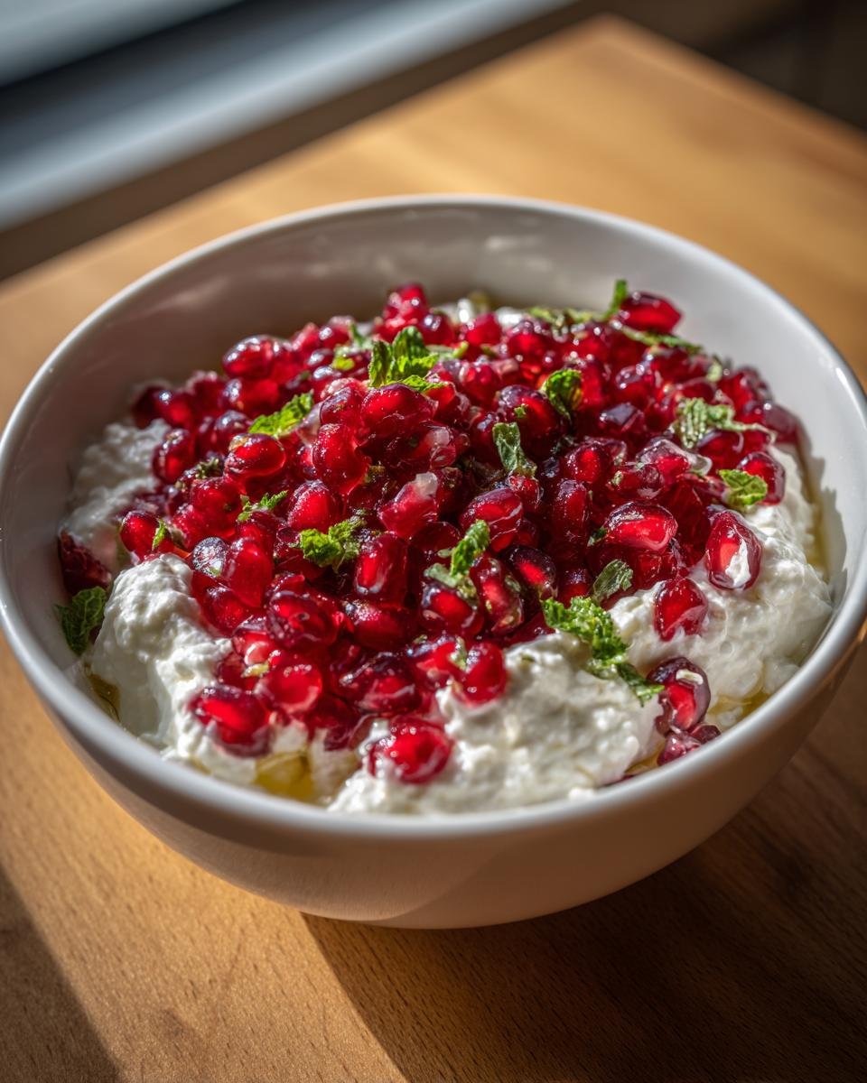 Nahaufnahme des Tangy Pomegranate Feta Cheese Dip mit leuchtend roten Granatapfelkernen und Minze.