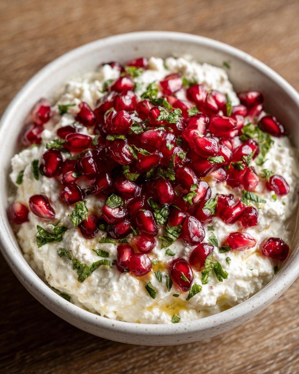 Cremiger Feta-Dip garniert mit leuchtend roten Granatapfelkernen und frischer Minze.