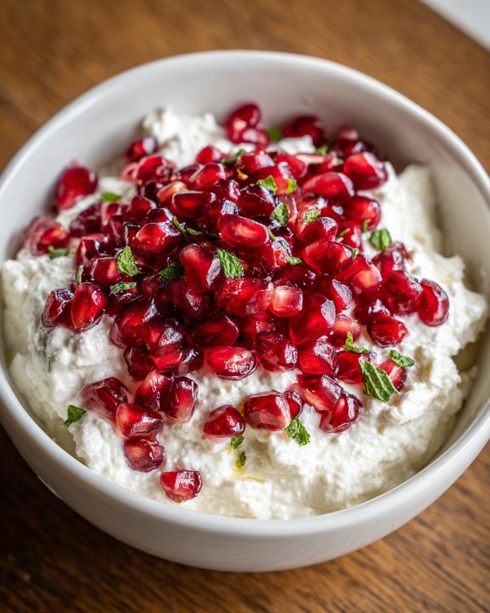 Cremiger Feta-Dip garniert mit leuchtend roten Granatapfelkernen und Minze f&uuml;r das Tangy Pomegranate Feta Rezept.