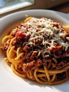 Nahaufnahme von Monterey Spaghetti mit reichhaltiger Fleischsauce und geriebenem K&auml;se.