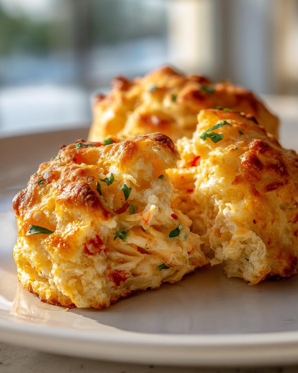 Aufgeschnittene, goldbraune Krabben-Cheddar-Biscuits mit sichtbarer Krabbenf&uuml;llung und Petersilie.