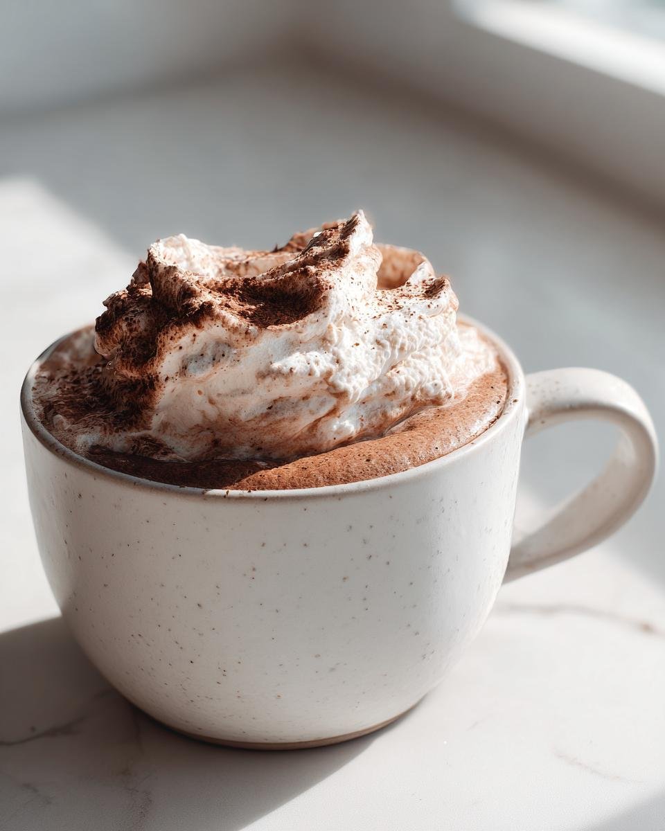 Nahaufnahme eines cremigen Getränks, vermutlich das Wendys Frosty Recipe, in einer weißen Tasse mit Schlagsahne und Kakaopulver.