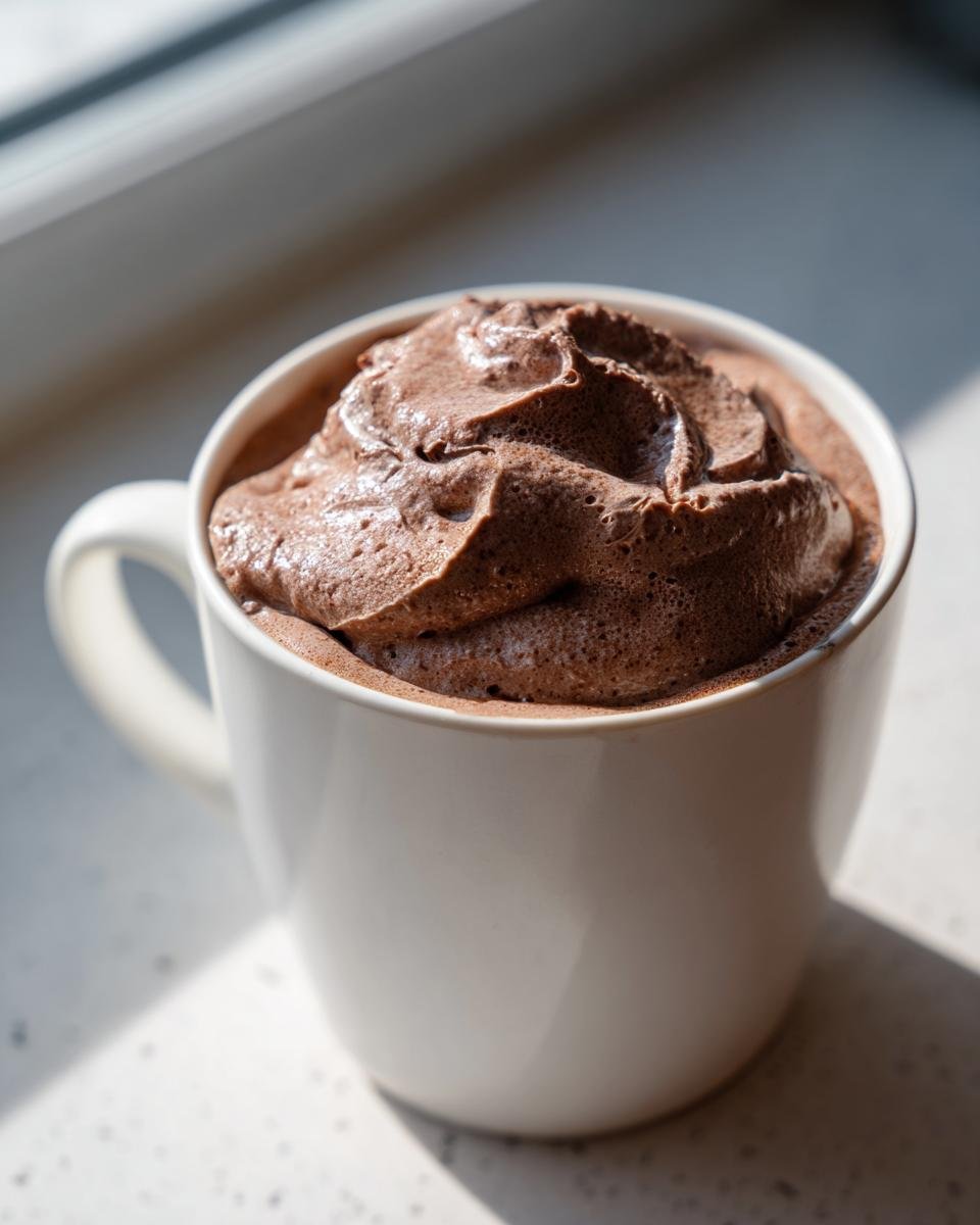 Nahaufnahme eines cremigen, schokoladigen Wendys Frosty Recipe in einer weißen Tasse.