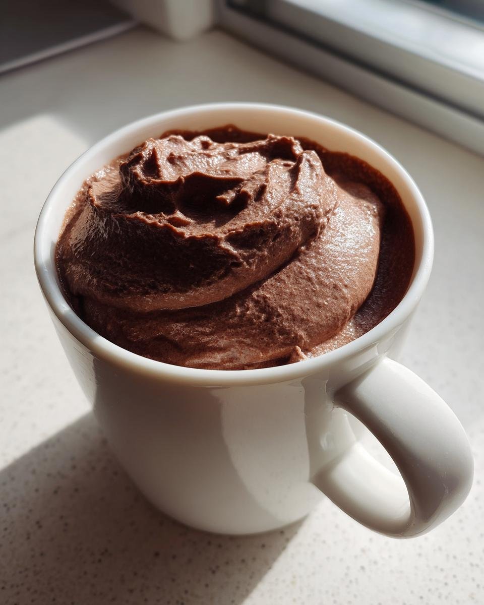 Nahaufnahme des cremigen Schokoladen-Desserts, das dem Wendys Frosty Rezept ähnelt, in einer weißen Tasse.