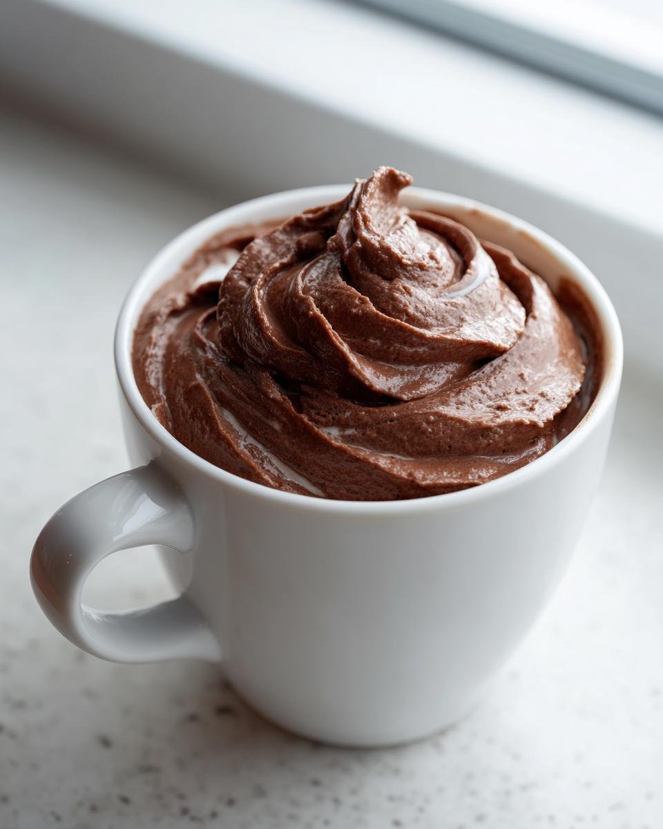 Nahaufnahme einer cremigen, schokoladigen Masse, die wie ein Wendys Frosty Rezept in einer weißen Tasse aufgetürmt ist.