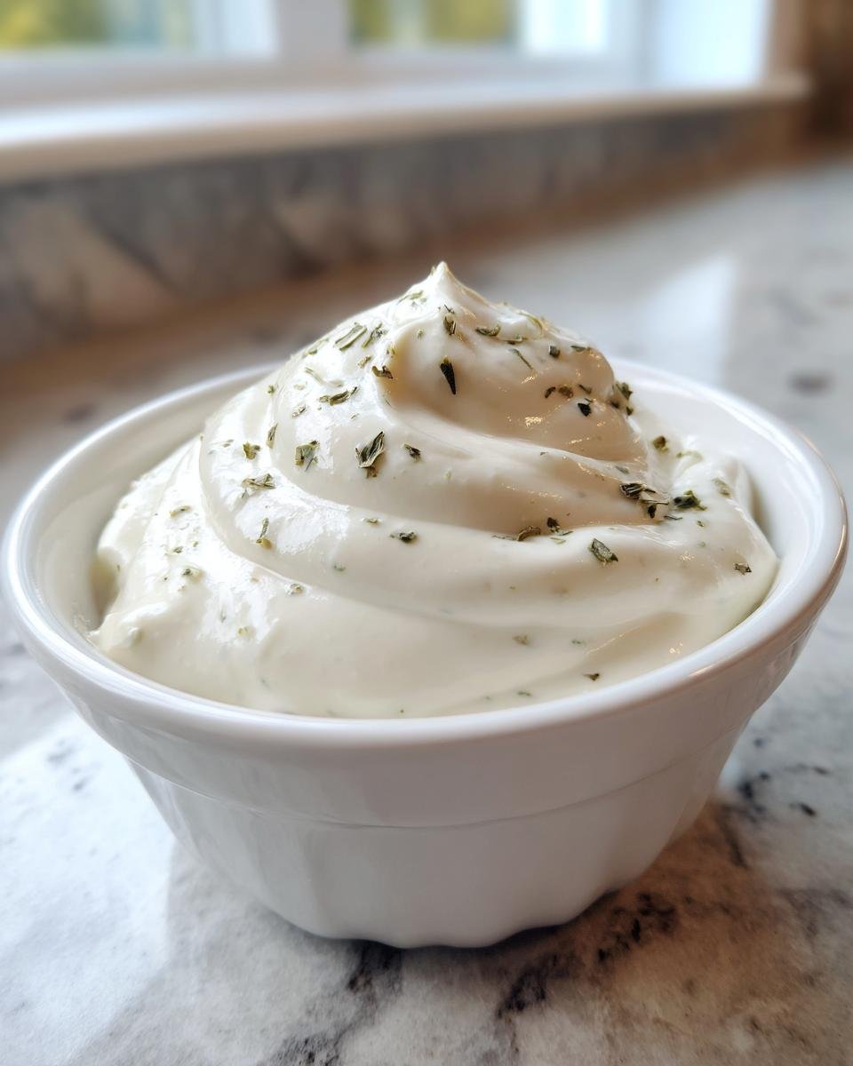 Nahaufnahme einer cremigen, wei&szlig;en So&szlig;e, bestreut mit Kr&auml;utern, die das Wingstop Ranch Rezept darstellt.