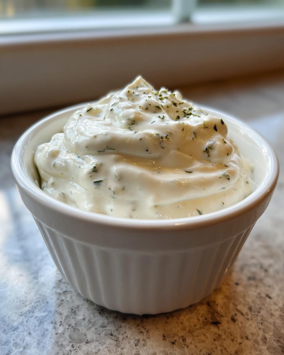 Nahaufnahme einer cremigen, wei&szlig;en Sauce mit Kr&auml;utern, die das Wingstop Ranch Rezept darstellt.