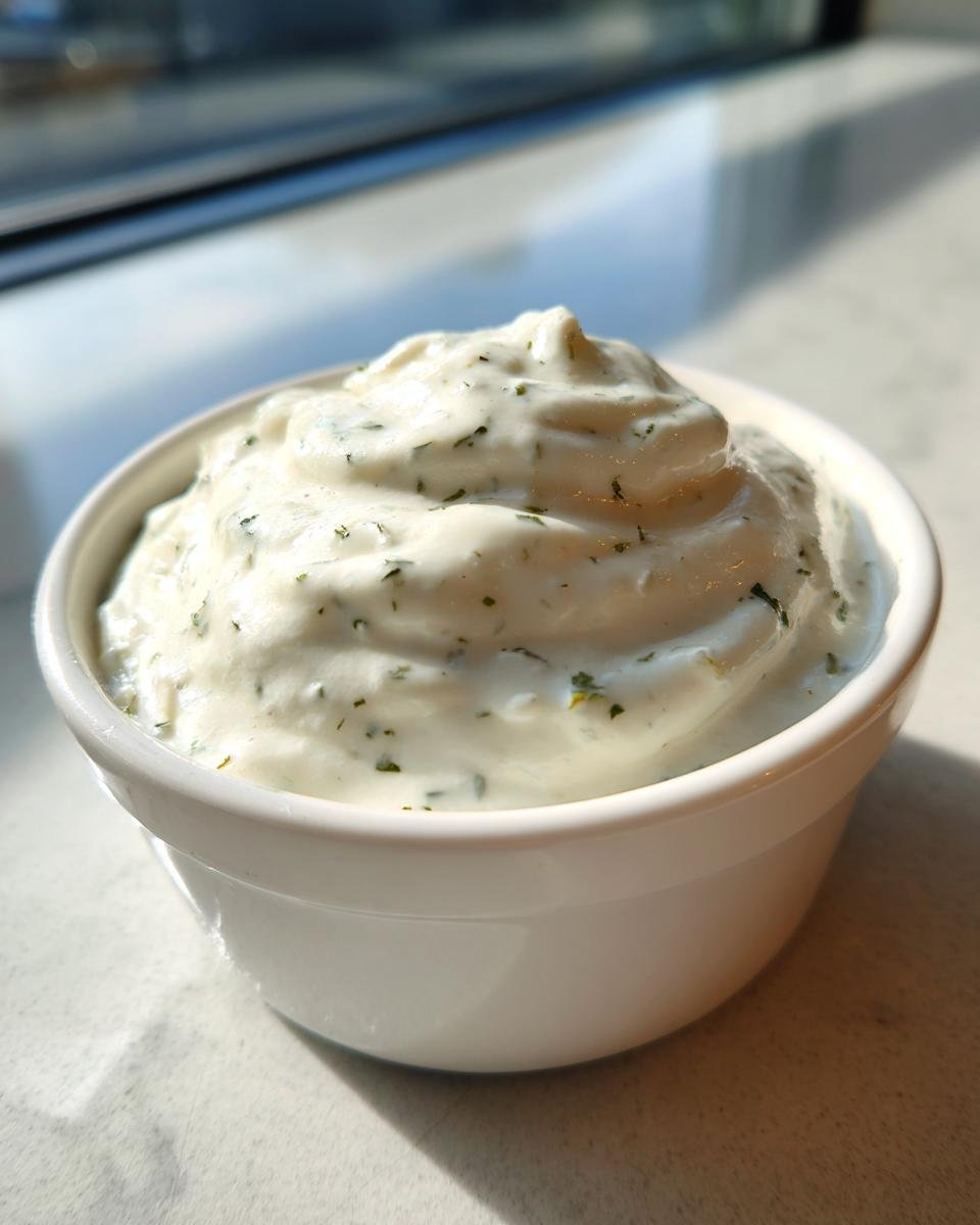 Nahaufnahme der cremigen Textur des Wingstop Ranch Rezept in einer kleinen wei&szlig;en Dip-Schale.