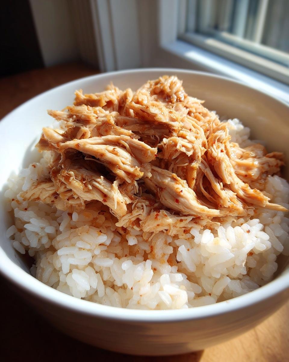 Nahaufnahme einer wei&szlig;en Sch&uuml;ssel mit wei&szlig;em Reis und zerrissenem, gew&uuml;rztem H&auml;hnchen als Basis f&uuml;r Chicken Rice Bowls.