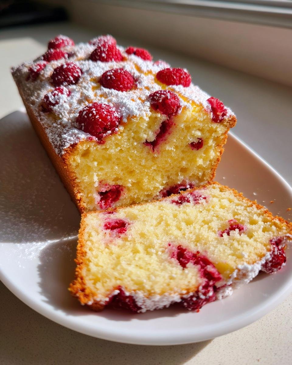 Angeschnittenes Zesty Lemon Raspberry Pound Cake mit Puderzucker und frischen Himbeeren.
