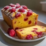 Anschnitt des Zesty Lemon Raspberry Pound Cake mit frischen Himbeeren und Puderzucker.