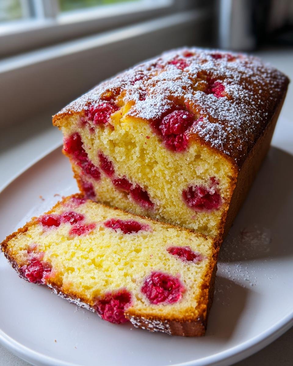 Angeschnittener Zitronen-Himbeer-Kastenkuchen mit saftigem gelbem Teig und vielen Himbeeren, best&auml;ubt mit Puderzucker.