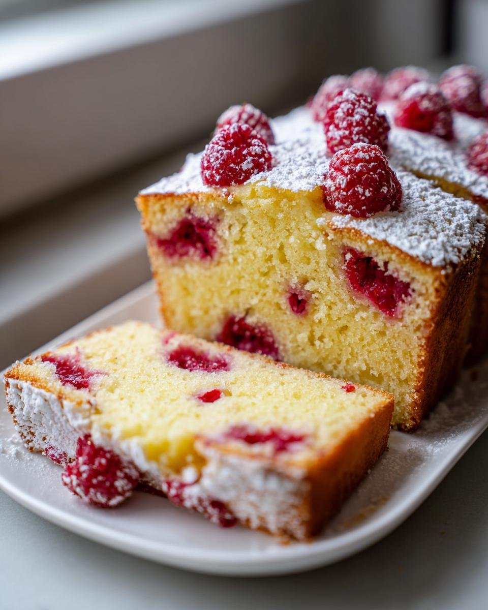 Ein aufgeschnittenes Zesty Lemon Raspberry Pound Cake Rezept, best&auml;ubt mit Puderzucker und Himbeeren.
