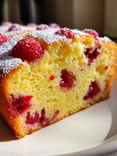 Anschnitt eines saftigen Zesty Lemon Raspberry Pound Cake mit ganzen Himbeeren und Puderzucker bestreut.