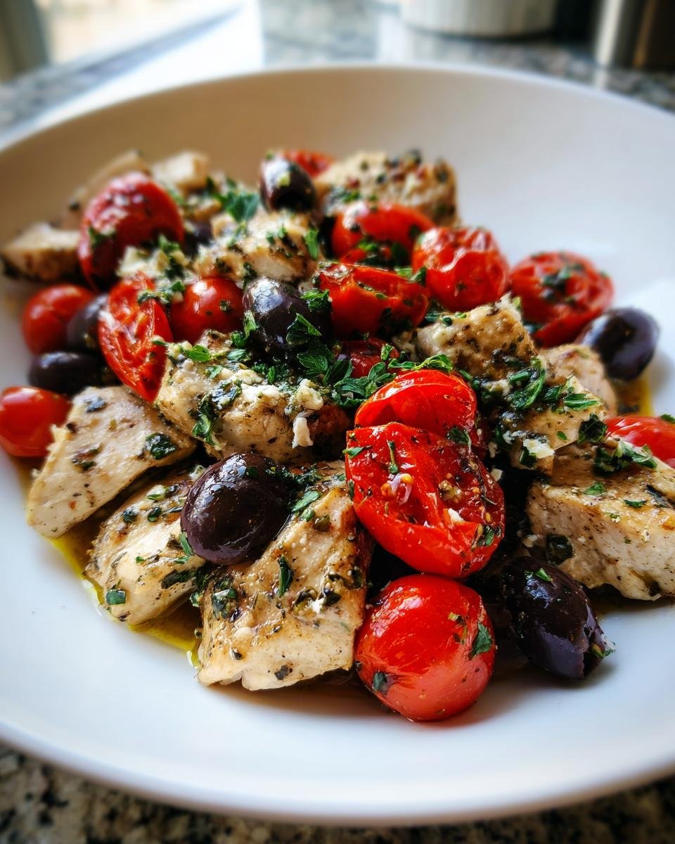 Nahaufnahme von saftigem 30 Minute Mediterranean Chicken mit gebratenen Kirschtomaten und schwarzen Oliven.