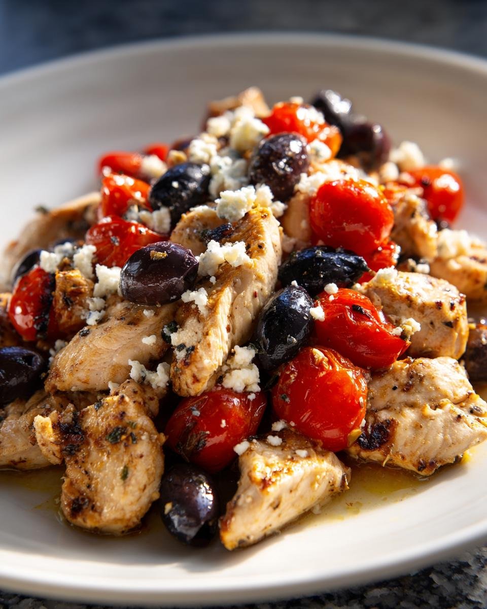 Gegrillte H&auml;hnchenst&uuml;cke mit Kirschtomaten, schwarzen Oliven und zerbr&ouml;seltem Feta, typisch f&uuml;r 30 Minute Mediterranean Chicken.
