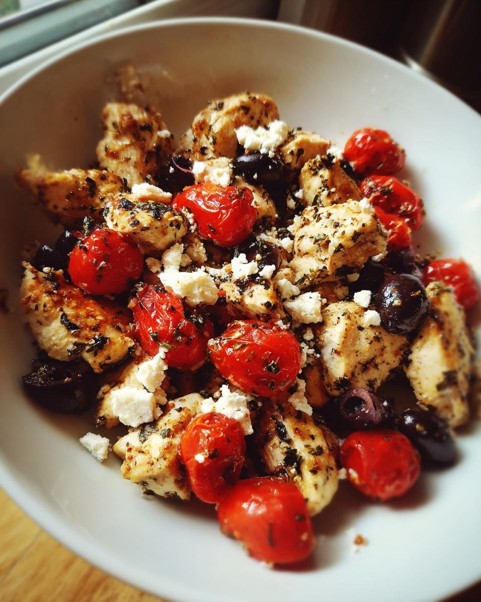 Nahaufnahme von gew&uuml;rfeltem 30 Minute Mediterranean Chicken mit Kirschtomaten, schwarzen Oliven und Feta.