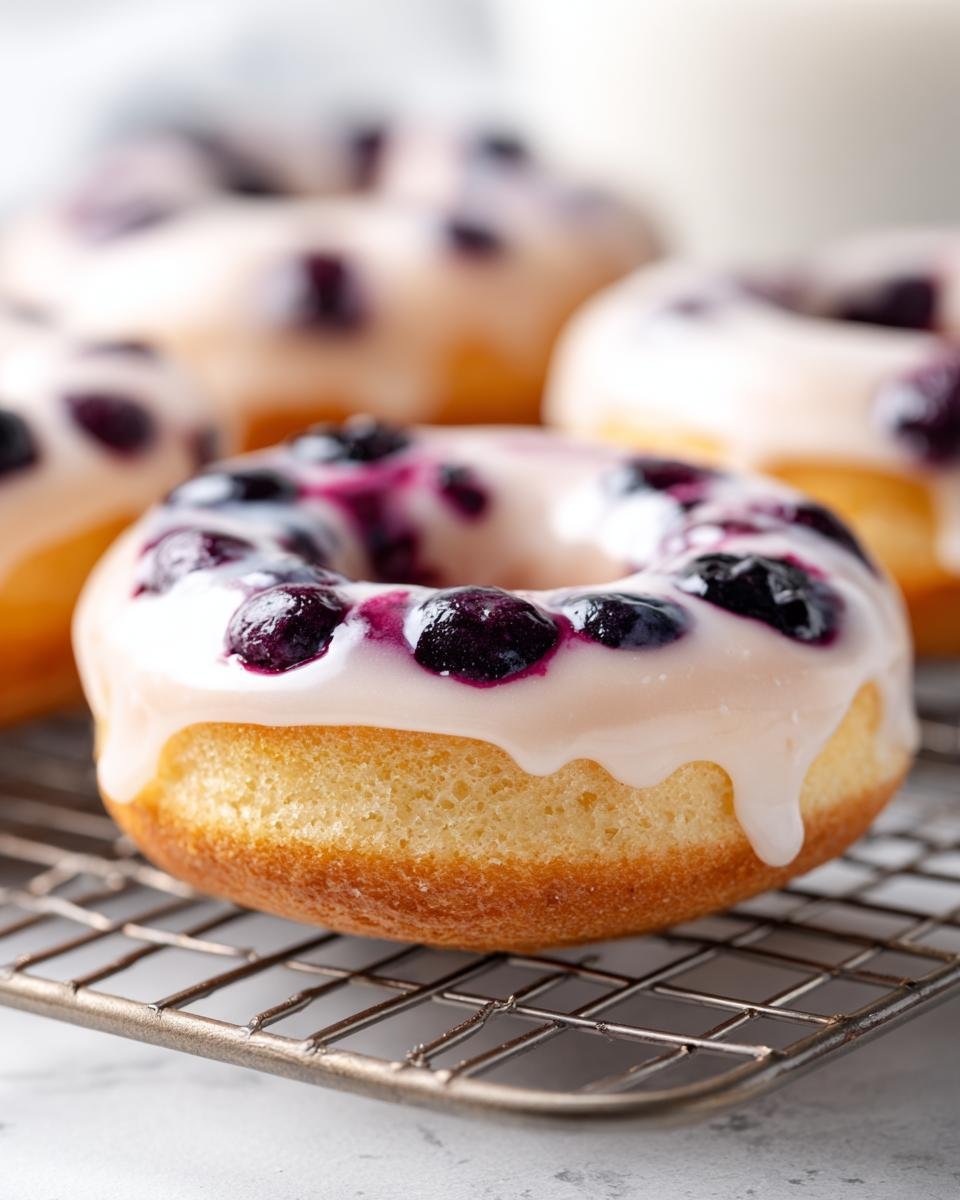 Nahaufnahme eines glasierten Air Fryer Blueberry Donuts mit Blaubeeren auf einem K&uuml;hlrost.