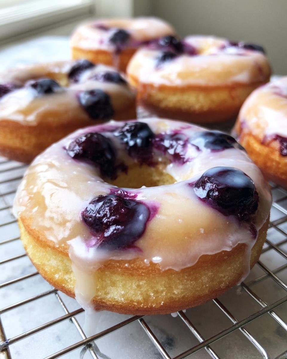 Nahaufnahme von glasierten Air Fryer Blueberry Donuts mit Blaubeeren auf einem K&uuml;hlrost.