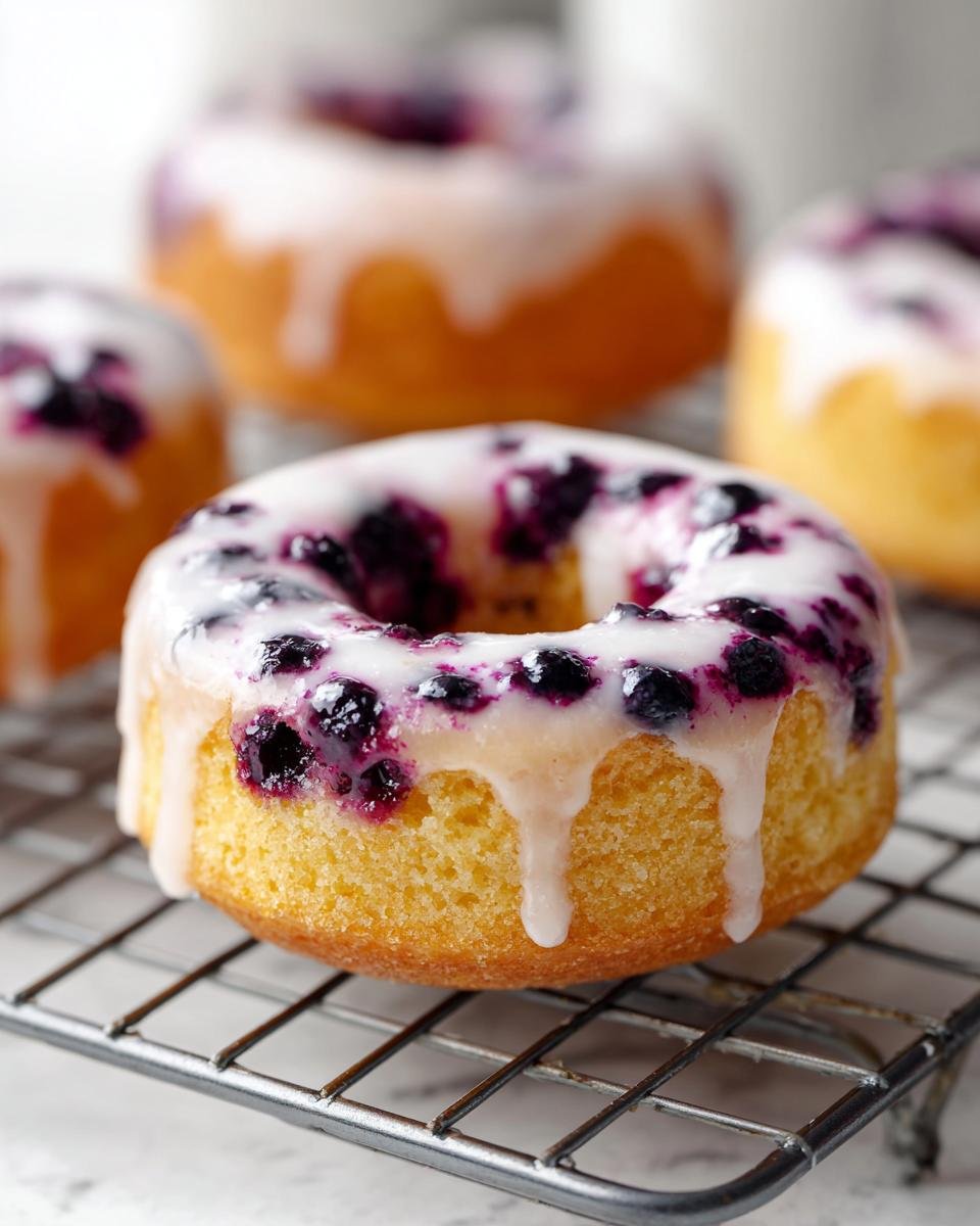 Nahaufnahme eines Air Fryer Blueberry Donuts mit leuchtend blauem Blaubeer-Topping und wei&szlig;em Zuckerguss.