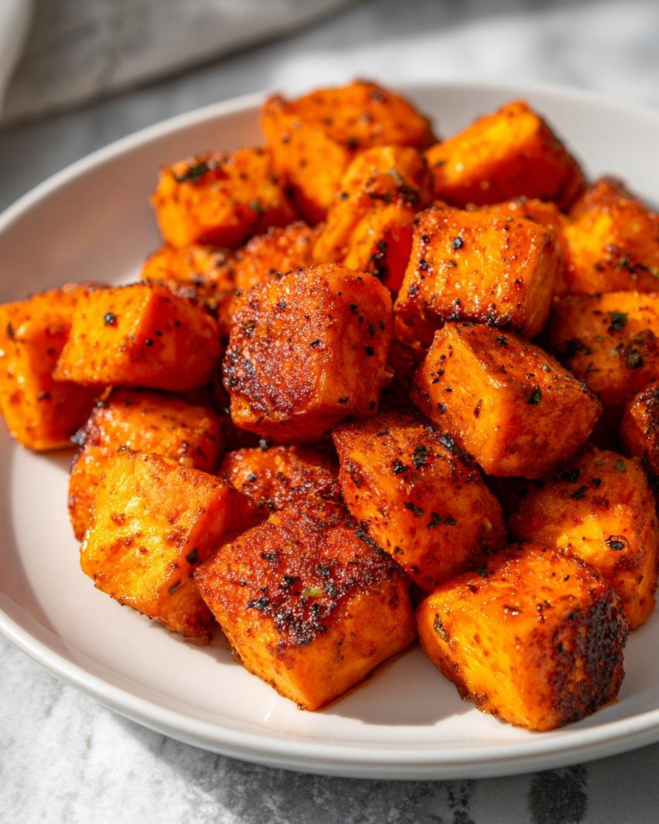 Nahaufnahme von gew&uuml;rzten, knusprigen S&uuml;&szlig;kartoffelw&uuml;rfeln, ideal als Beilage zu Quick Easy Air Fryer Salmon Bites.