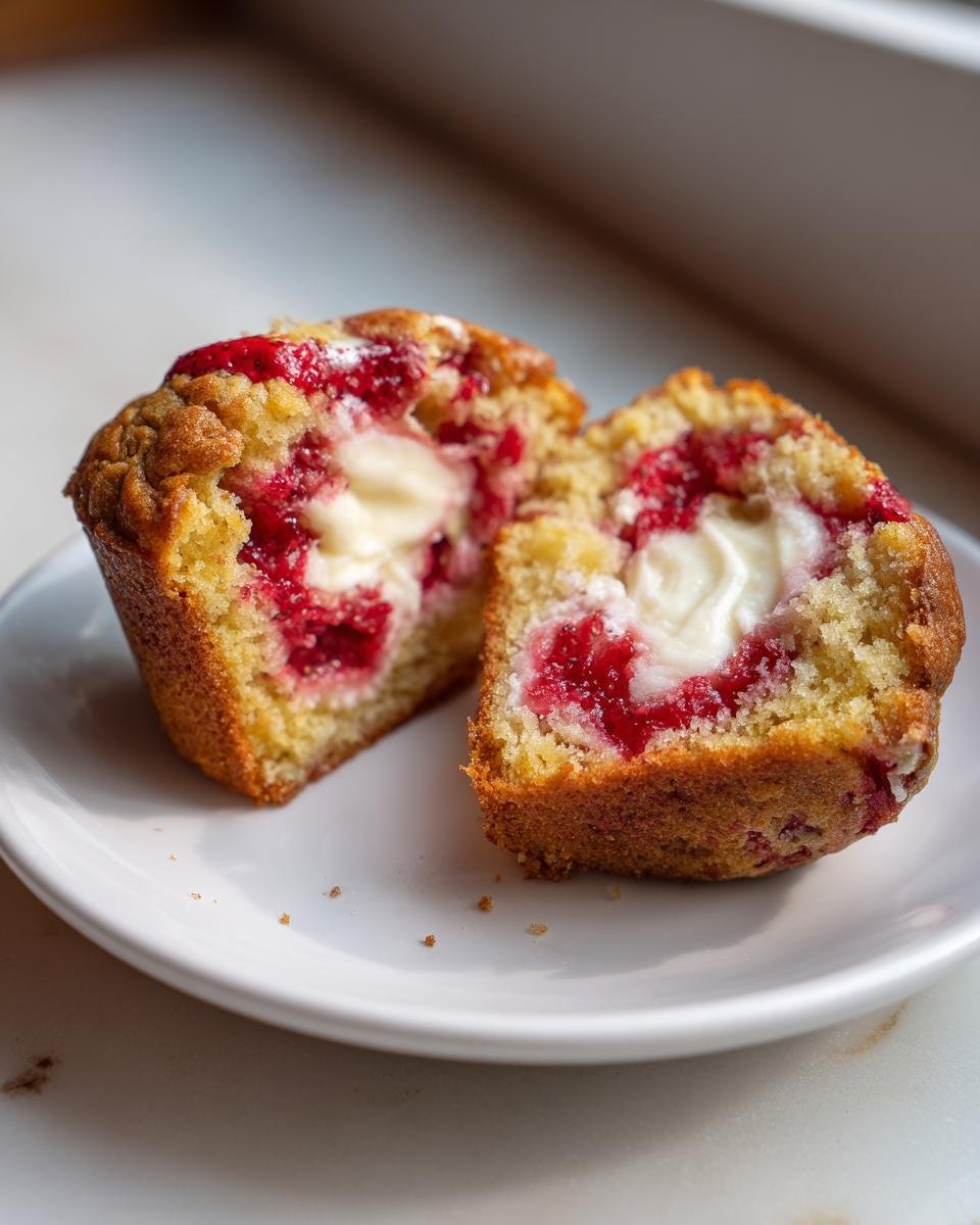 Aufgeschnittener Muffin mit Erdbeerf&uuml;llung und cremiger Frischk&auml;sef&uuml;llung, ein Beispiel f&uuml;r Decadent Strawberry Cream Cheese Muffins.