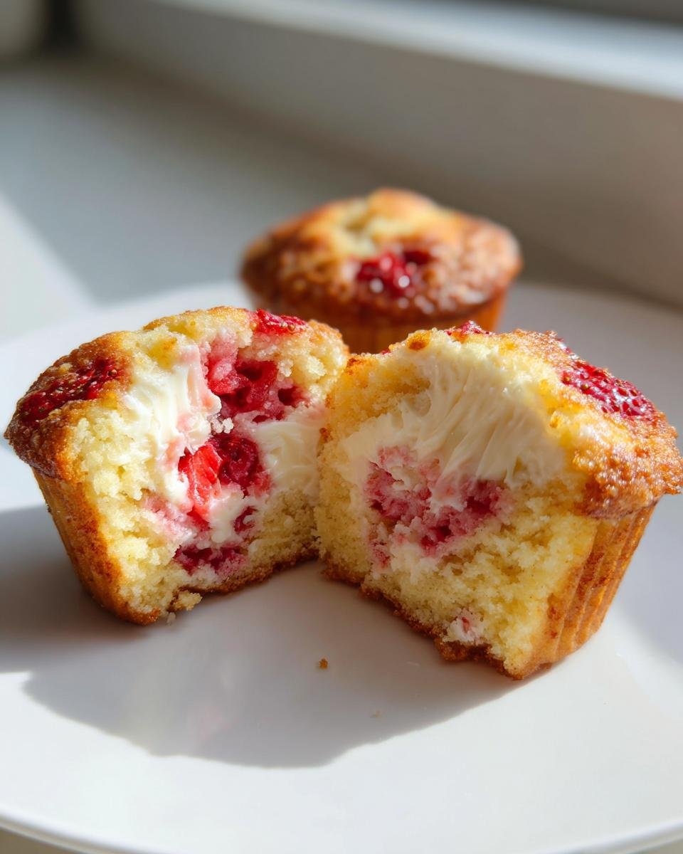 Aufgeschnittener Muffin zeigt saftigen Teig, cremige F&uuml;llung und Erdbeerst&uuml;cke: Decadent Strawberry Cream Cheese Muffins.