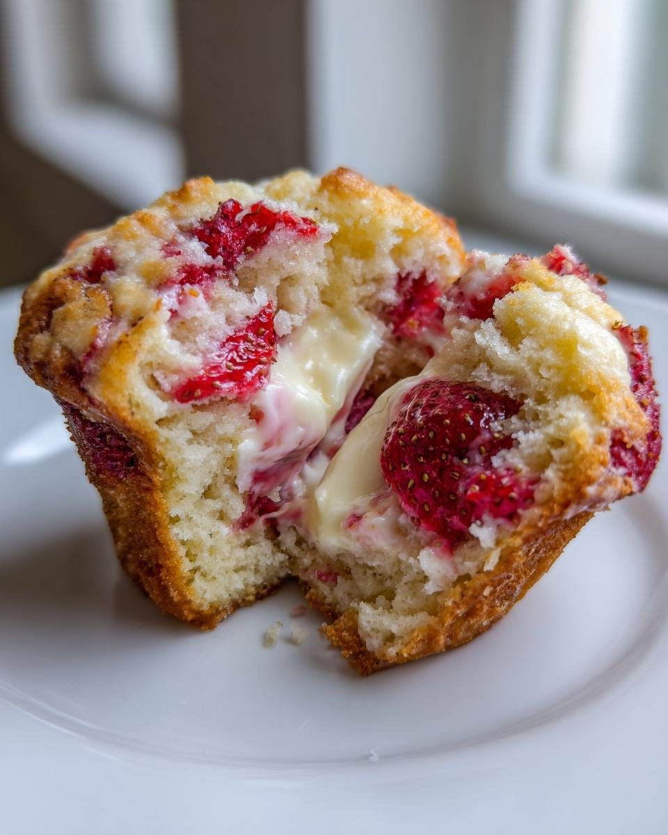 Aufgeschnittener Muffin mit Erdbeeren und cremiger F&uuml;llung: Decadent Strawberry Cream Cheese Muffins.