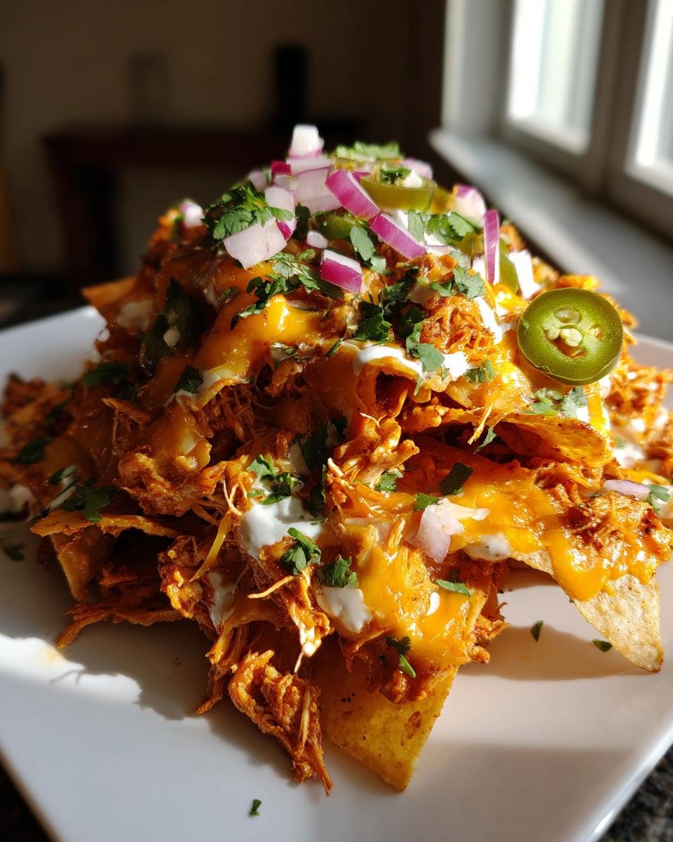 Ein hoher Stapel Best Creamy Chicken Nachos, bedeckt mit geschmolzenem K&auml;se, Sauerrahm und roten Zwiebeln.