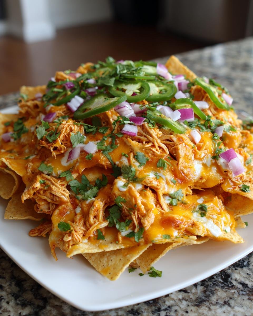 Ein Teller mit &uuml;ppigen Best Creamy Chicken Nachos, bedeckt mit geschmolzenem K&auml;se, H&auml;hnchen und Jalape&ntilde;os.