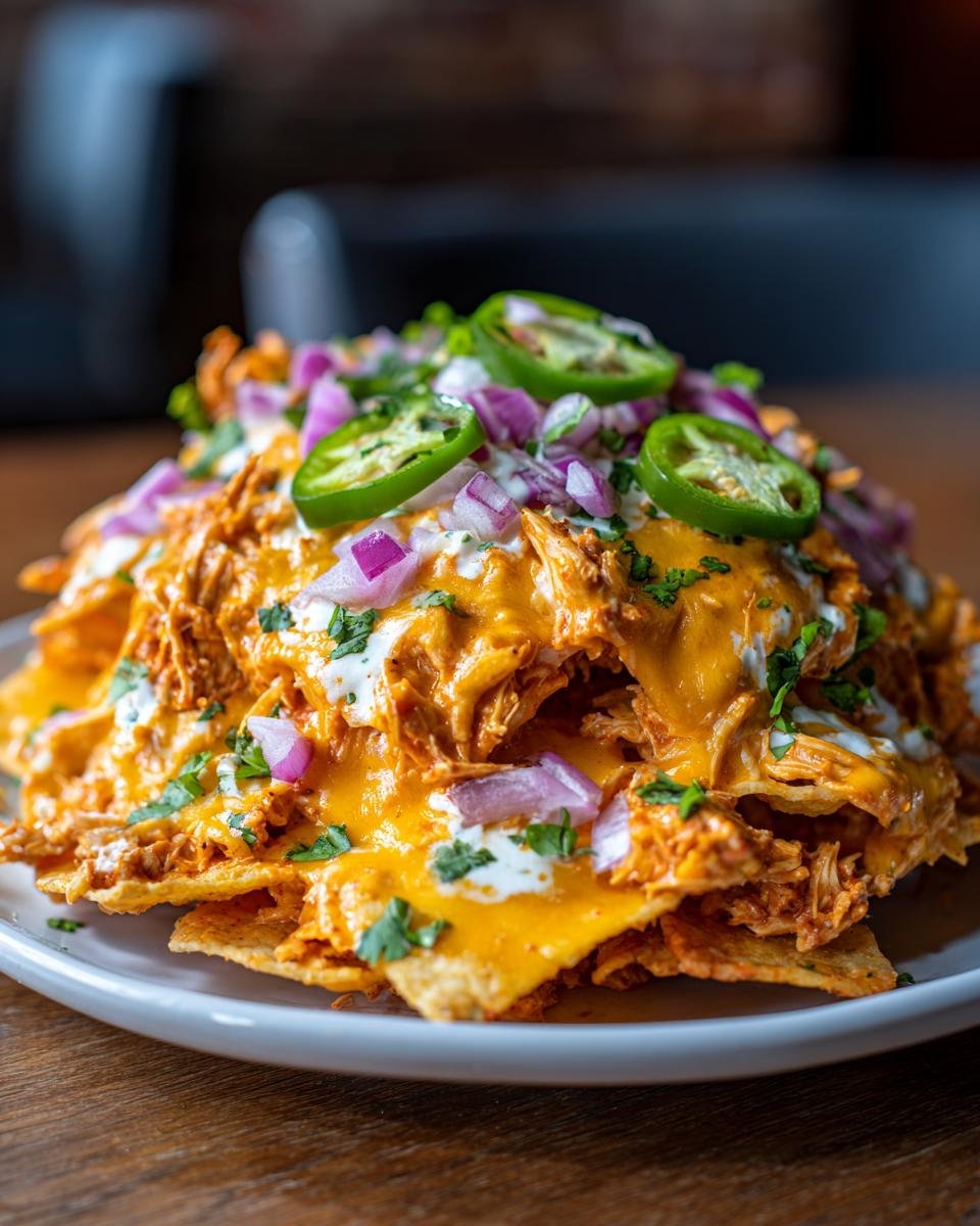 Ein Teller mit Beste Cremige H&auml;hnchen Nachos, bedeckt mit geschmolzenem K&auml;se, roter Zwiebel und Jalape&ntilde;os.
