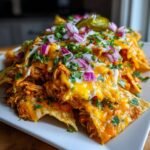 Ein Teller mit Besten Cremigen H&auml;hnchen Nachos, bedeckt mit geschmolzenem K&auml;se, Zwiebeln und Jalape&ntilde;os.