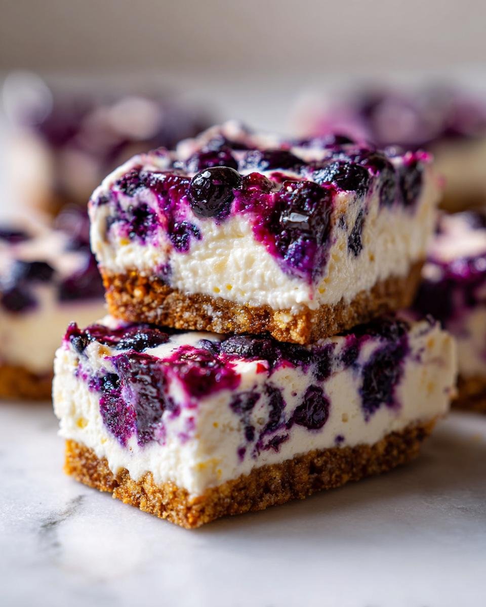 Zwei gestapelte St&uuml;cke k&ouml;stlicher Blaubeer-Cheesecake-Riegel mit knusprigem Boden.