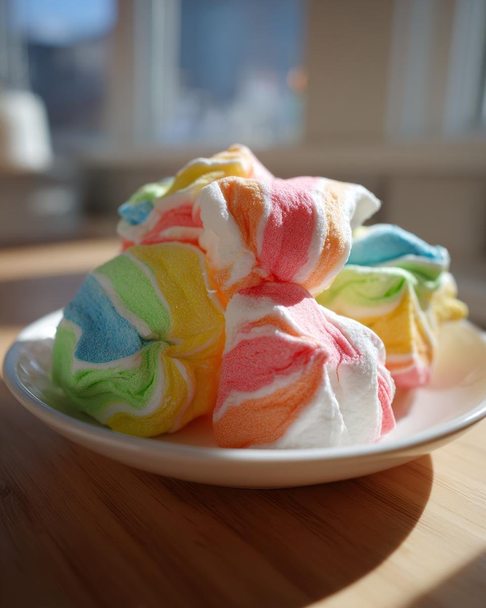 Nahaufnahme von bunten, gestreiften St&uuml;cken Homemade Saltwater Taffy auf einem wei&szlig;en Teller.