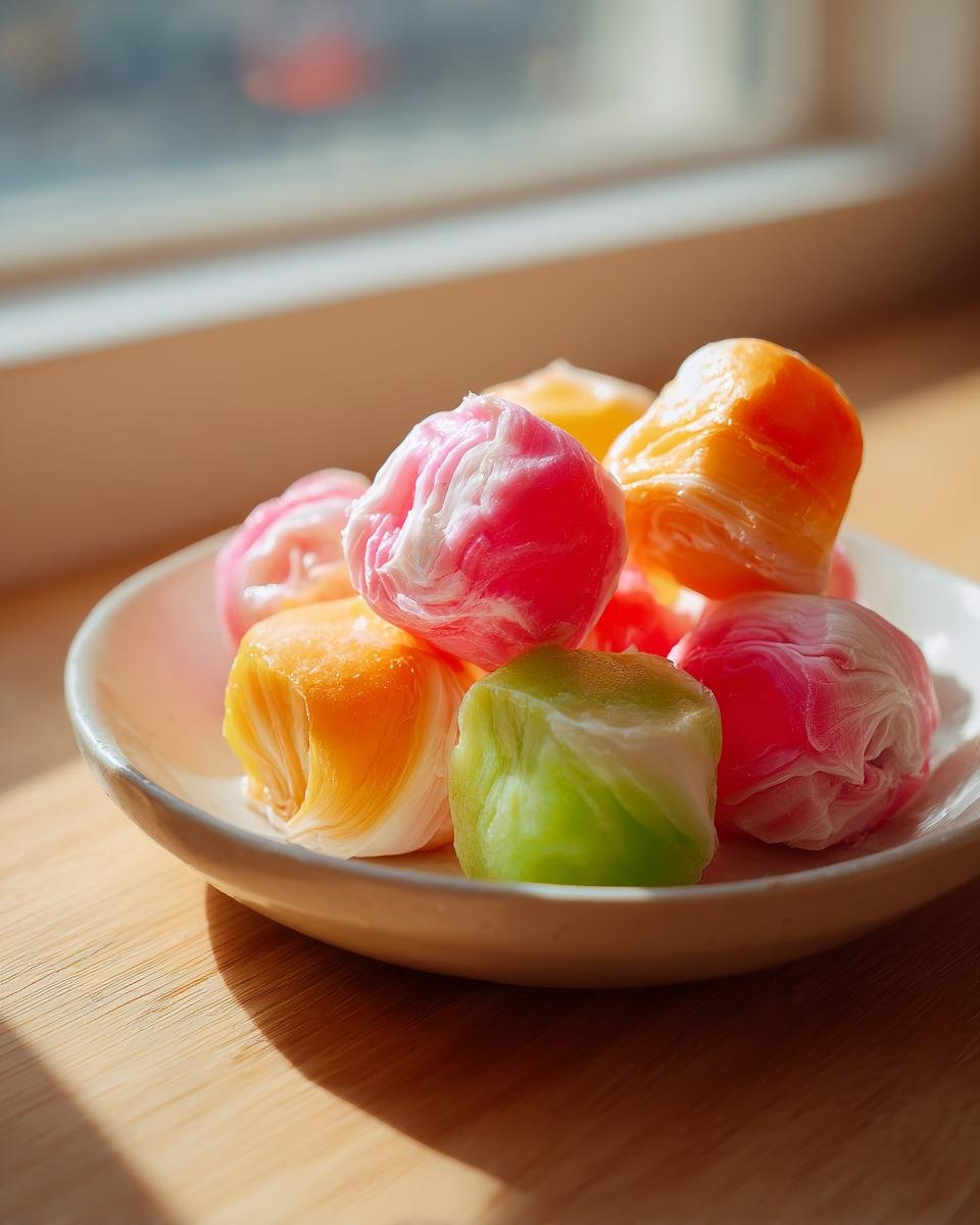 Nahaufnahme von bunten St&uuml;ckchen Homemade Saltwater Taffy in Rosa, Orange und Gr&uuml;n auf einem kleinen wei&szlig;en Teller.