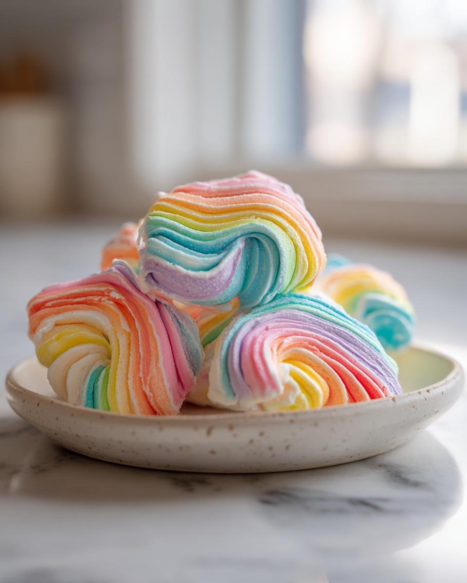 Nahaufnahme von mehreren bunten, regenbogenfarbenen, spiralf&ouml;rmigen St&uuml;ckchen Homemade Saltwater Taffy auf einem hellen Teller.