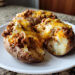 Nahaufnahme eines aufgeschnittenen Cheesy Taco Potato, gef&uuml;llt mit Hackfleisch und geschmolzenem Cheddar-K&auml;se.