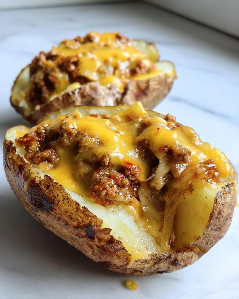 Nahaufnahme von zwei gebackenen Kartoffeln, gef&uuml;llt mit w&uuml;rziger Hackfleischmischung und geschmolzenem K&auml;se: Cheesy Taco Potato.