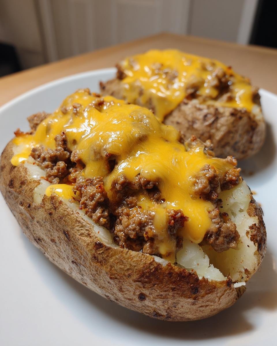 Nahaufnahme von zwei gebackenen Kartoffeln, gef&uuml;llt mit Hackfleisch und geschmolzenem K&auml;se &ndash; das perfekte Cheesy Taco Potato.