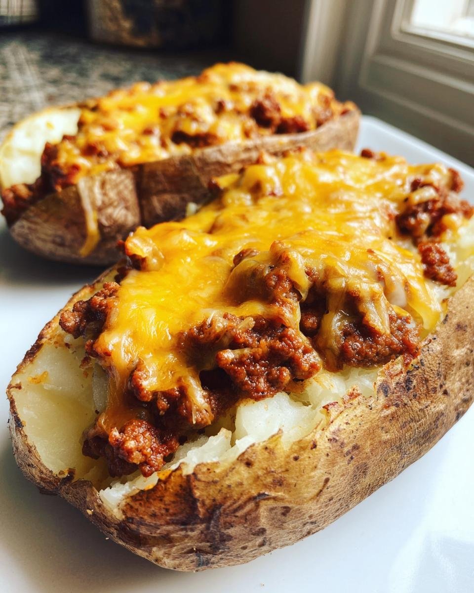 Zwei gebackene Kartoffelh&auml;lften gef&uuml;llt mit w&uuml;rzigem Hackfleisch und geschmolzenem K&auml;se, ein perfektes Cheesy Taco Potato.