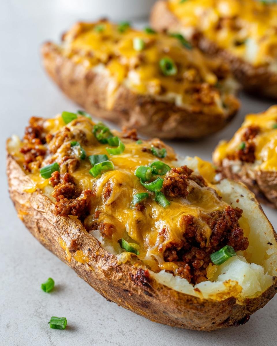 Nahaufnahme eines gebackenen Cheesy Taco Potato, gef&uuml;llt mit Hackfleisch und geschmolzenem Cheddar-K&auml;se, garniert mit Fr&uuml;hlingszwiebeln.