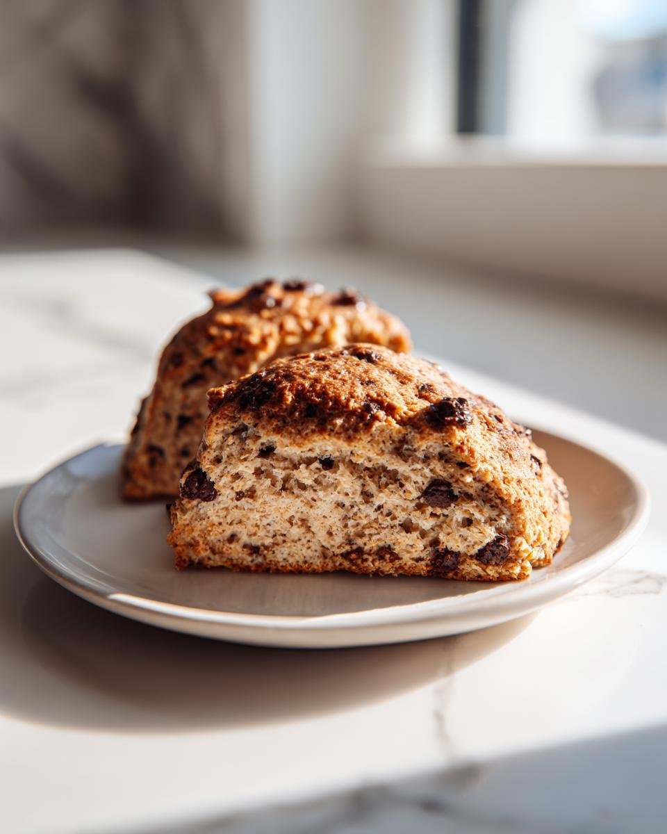Zwei angeschnittene Chocolate Chip Coffee Scones auf einem hellen Teller, beleuchtet von Sonnenlicht.