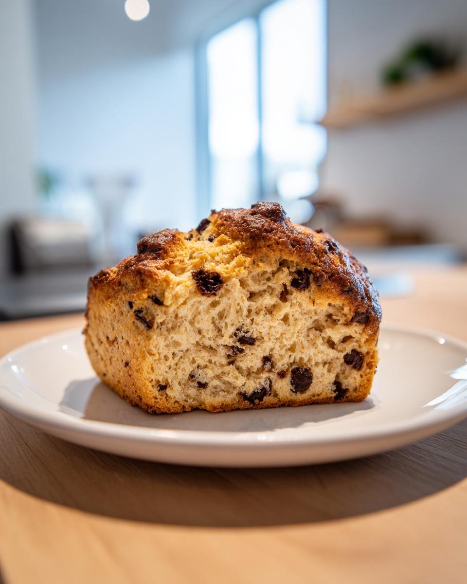 Ein angeschnittener Chocolate Chip Coffee Scone mit dunklen Schokoladenst&uuml;ckchen auf einem wei&szlig;en Teller.