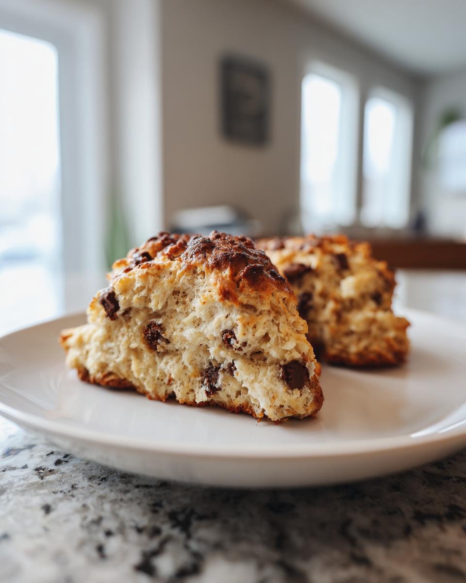 Nahaufnahme von zwei Chocolate Chip Coffee Scones mit Schokoladenst&uuml;ckchen auf einem wei&szlig;en Teller.