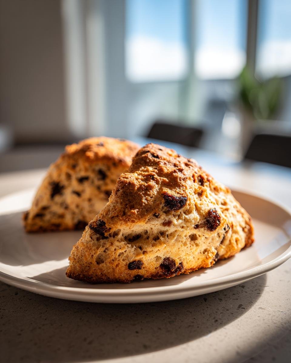Nahaufnahme von zwei frisch gebackenen Chocolate Chip Coffee Scones mit dunklen Schokoladenst&uuml;ckchen auf einem hellen Teller.
