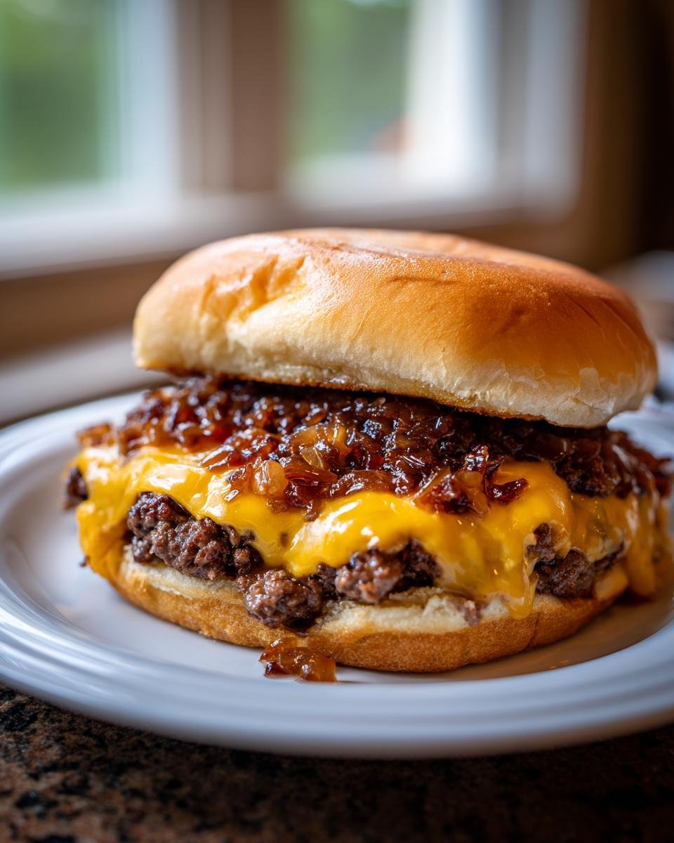 Nahaufnahme eines saftigen Chopped Cheeseburgers mit geschmolzenem K&auml;se und karamellisierten Zwiebeln auf einem wei&szlig;en Teller.
