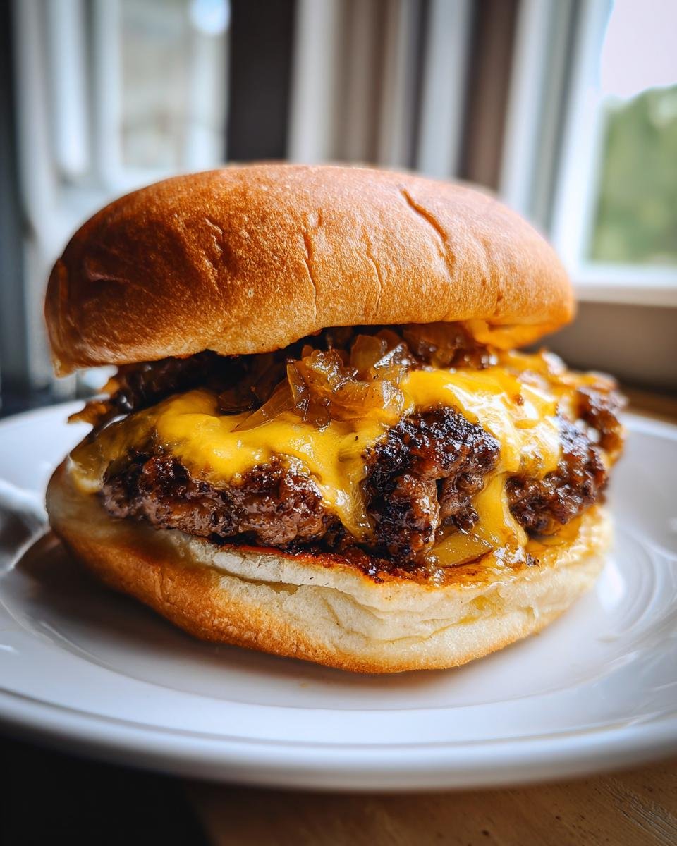 Nahaufnahme eines saftigen Chopped Cheeseburgers mit geschmolzenem Cheddar und karamellisierten Zwiebeln auf einem Br&ouml;tchen.