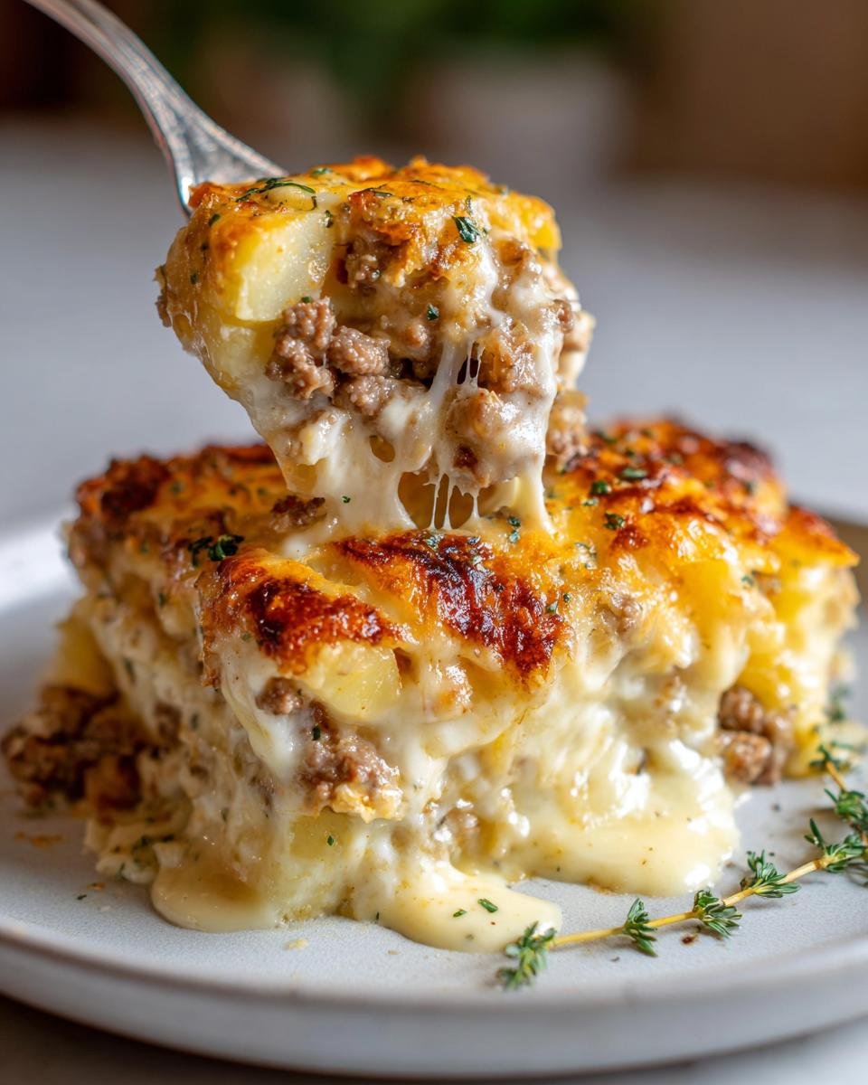 Ein St&uuml;ck Comforting Cheesy Beef Potato Casserole Recipe mit geschmolzenem K&auml;se wird mit einer Gabel herausgehoben.