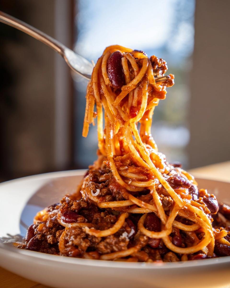 Nahaufnahme von Cowboy Spaghetti, die von einer Gabel hochgezogen werden, reichhaltig mit Hackfleisch und Kidneybohnen.